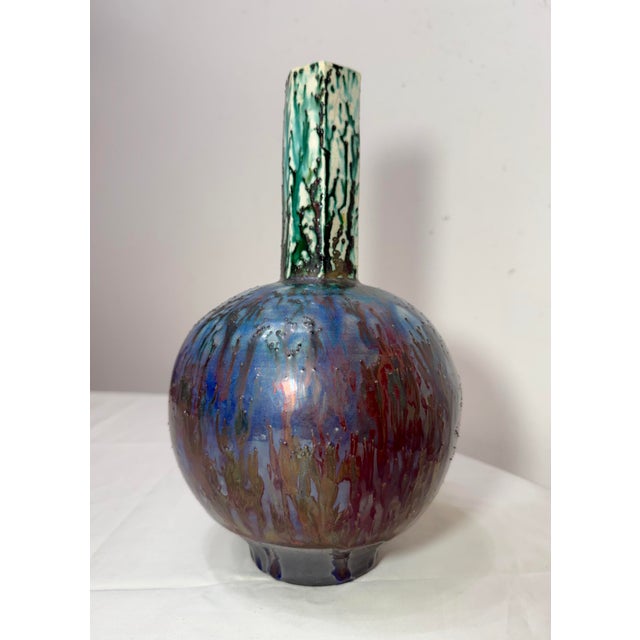 1990s Vintage Large Tall Signed Tom Neugebauer Blue Green Raku Blackware Pottery Vase For Sale - Image 5 of 13