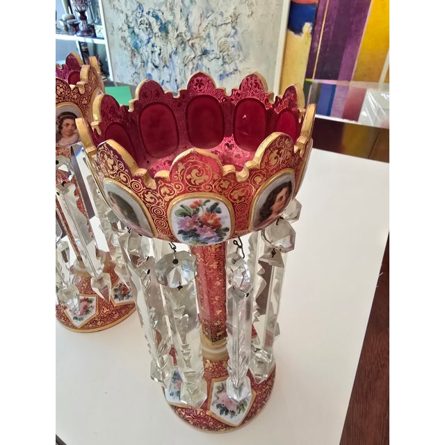 Art Nouveau Antique Bohemian Glass Moser Ruby Cranberry Lustres- a Pair For Sale - Image 3 of 11