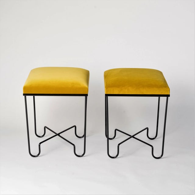 Pair of Aronde benches/stools by Facto Atelier Paris. Current production, available with black lacquered steel wire base...