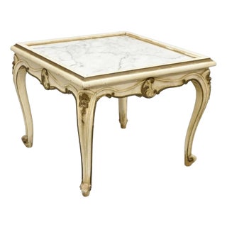 Vintage French Louis XV Style White Painted Marble Top Low Square Coffee Table For Sale