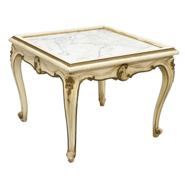Vintage French Louis XV Style White Painted Marble Top Low Square Coffee Table For Sale