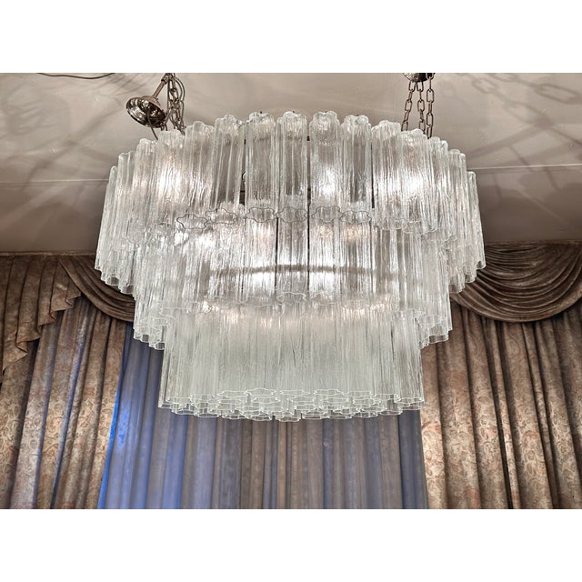 Glass Contemporary Oval Transparent “Tronchi” Murano Glass Chandelier in Venini Style. For Sale - Image 7 of 9