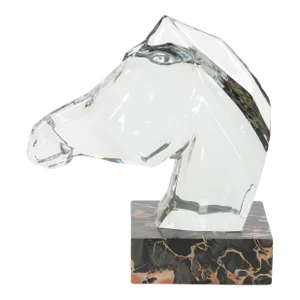 Hand-Carved Rock Crystal Equo Case Horse Head / Marble Base Sculpture