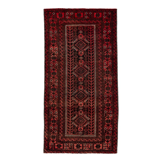 Vintage Tribal Persian Baluch Rug | Hand-Knotted Red & Black Wool Runner For Sale