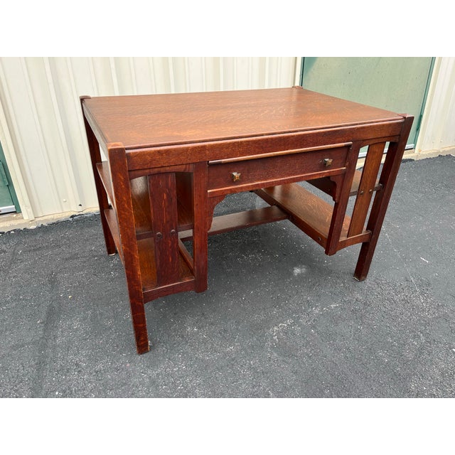 Charles Limbert Early 1900s Limberts Quartersawn Oak Arts & Crafts Desk With Side Bookshelves For Sale - Image 4 of 12