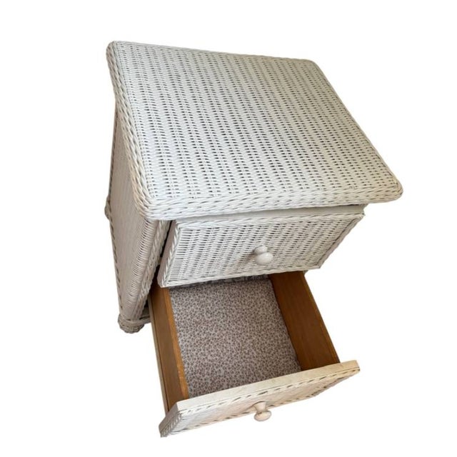 Wood Pair, Wicker, End Tables, Vintage All Wood, Wicker Exterior For Sale - Image 7 of 10