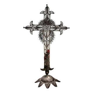 Filigree Silver Table Cross with Reliefs For Sale