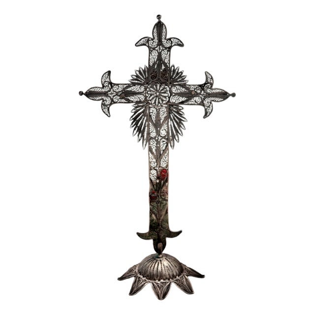 Filigree Silver Table Cross with Reliefs For Sale