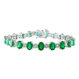 12 Carat Natural Emerald & Diamond Cocktail Tennis Bracelet 14 Karat White gold For Sale