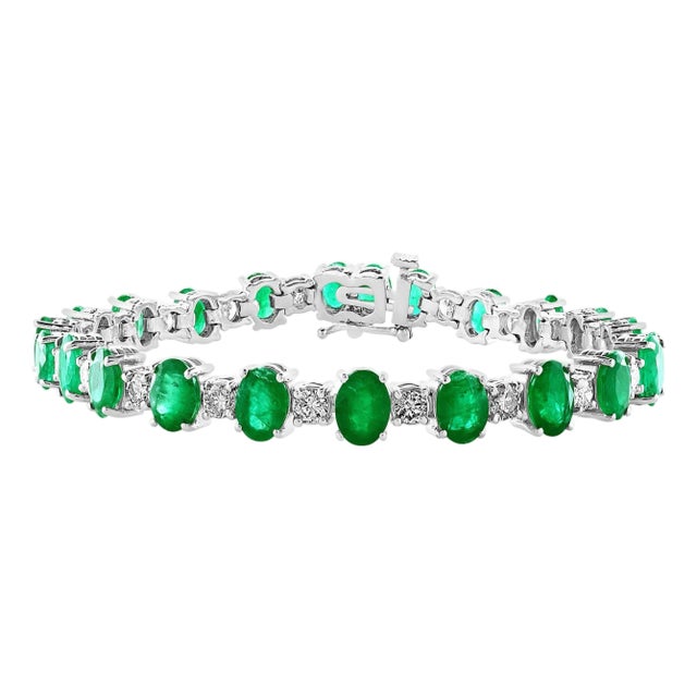 12 Carat Natural Emerald & Diamond Cocktail Tennis Bracelet 14 Karat White gold For Sale