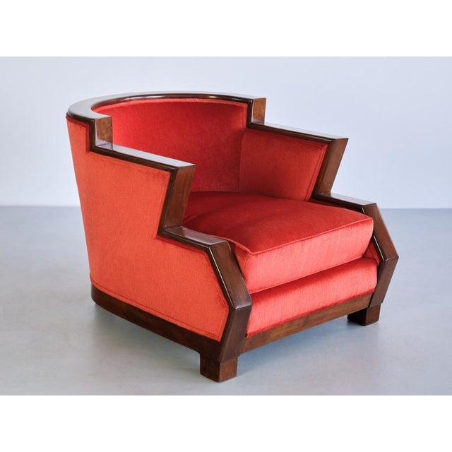 Art Deco Cubist Armchair in Vermilion Mohair Velvet and Maple, Belgium, 1920s For Sale - Image 4 of 17