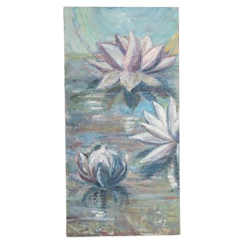Evelyne Luez, Water Lilies, 20th Century, Oil Painting on Canvas For Sale - Image 6 of 6