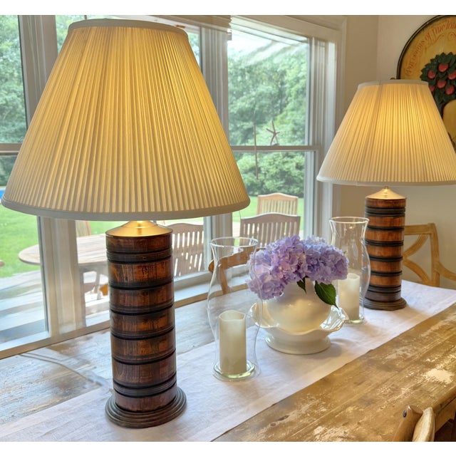 Substantial Pair of Barrel Form Turned Wood Table Lamps with Pleated Shades, Set of 2 This handsome pair of substantial...