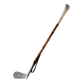 Italian Mid Century Bamboo Carved Wood Resin Shoe Horn With Bakelite Golf Club Handle For Sale