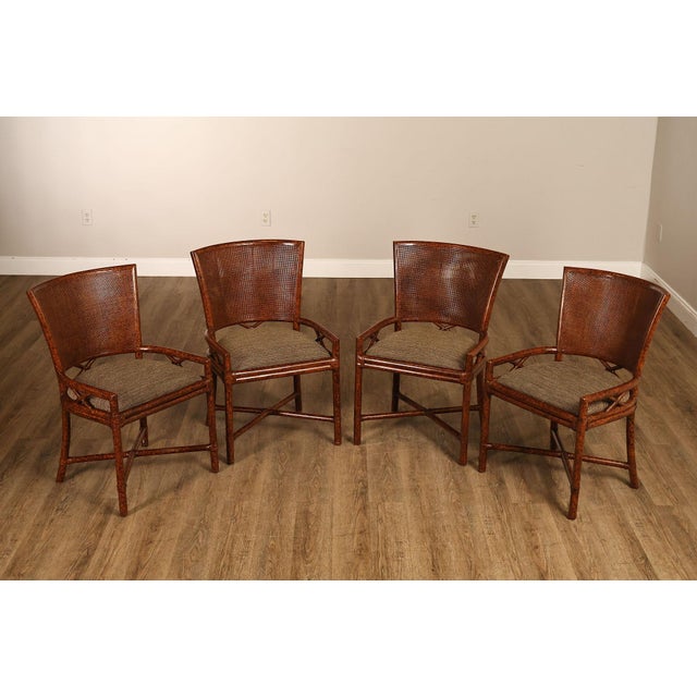 High Quality Vintage Set of Four Faux Bamboo and Woven Rattan Dining Chairs with Tortoiseshell Finish, Includes Two Armchairs