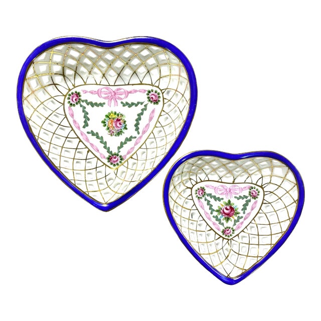 Vintage Porcelain Heart Trinket Dishes – Blue Rim Lattice Jewelry Catchalls (Set of 2) For Sale