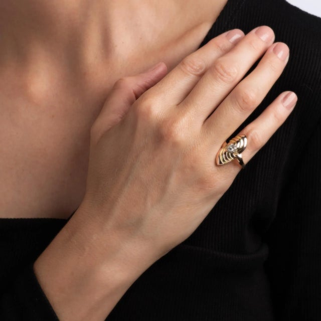Vintage Retro Diamond Ring Two Tone 18k Rose Yellow Gold Sz 5.5 Navette Cocktail For Sale In Los Angeles - Image 6 of 6