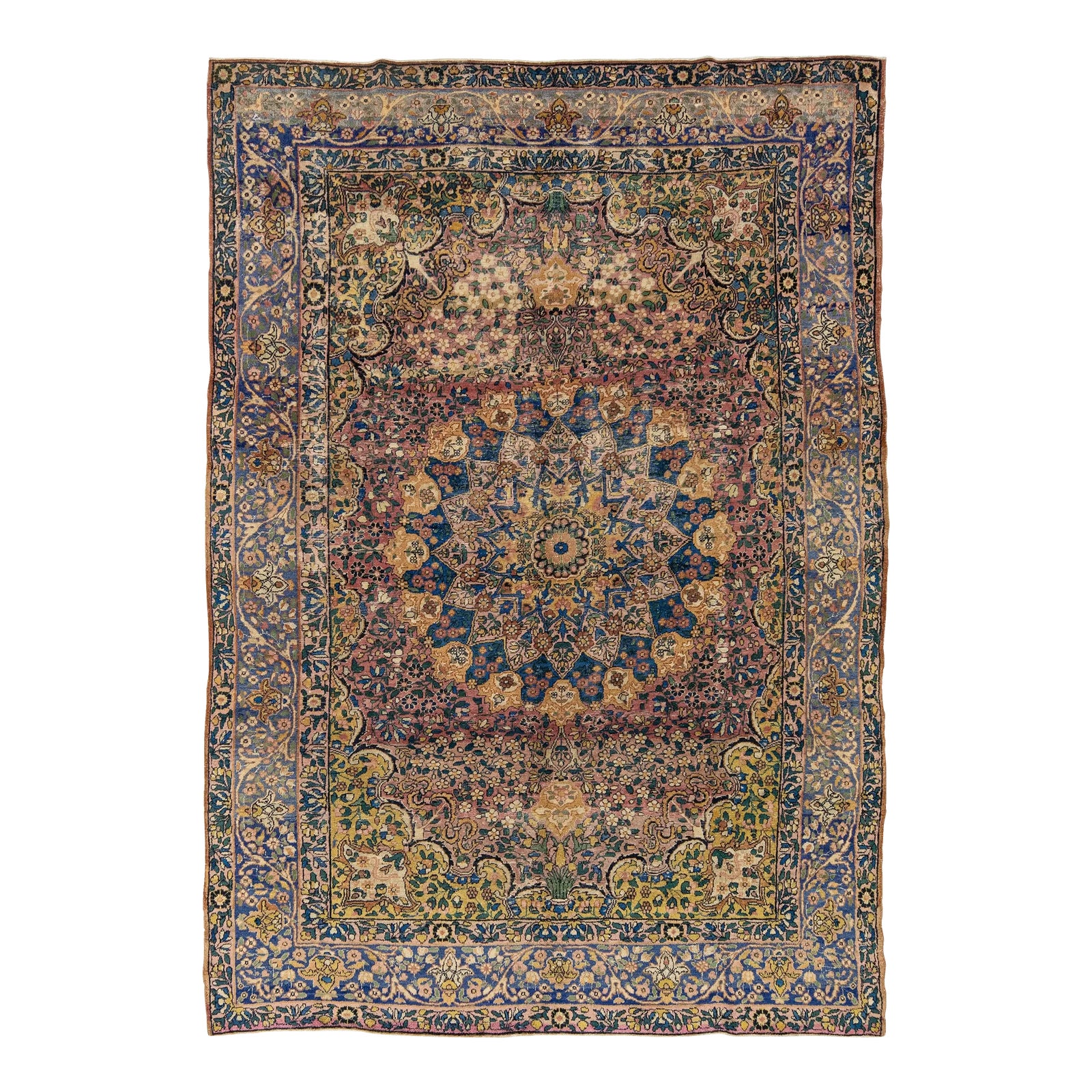 Handmade Antique Kerman Persian Wool Rug With a Multicolor Rosette ...
