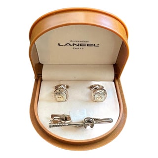 Rare Vintage "Lancel" Paris Gold Plate Steel Cufflinks & Tie Bar Original Case For Sale