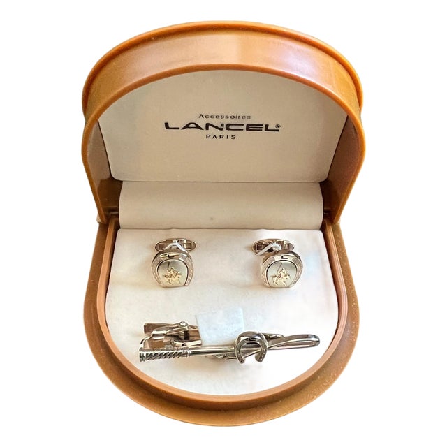 Rare Vintage "Lancel" Paris Gold Plate Steel Cufflinks & Tie Bar Original Case For Sale