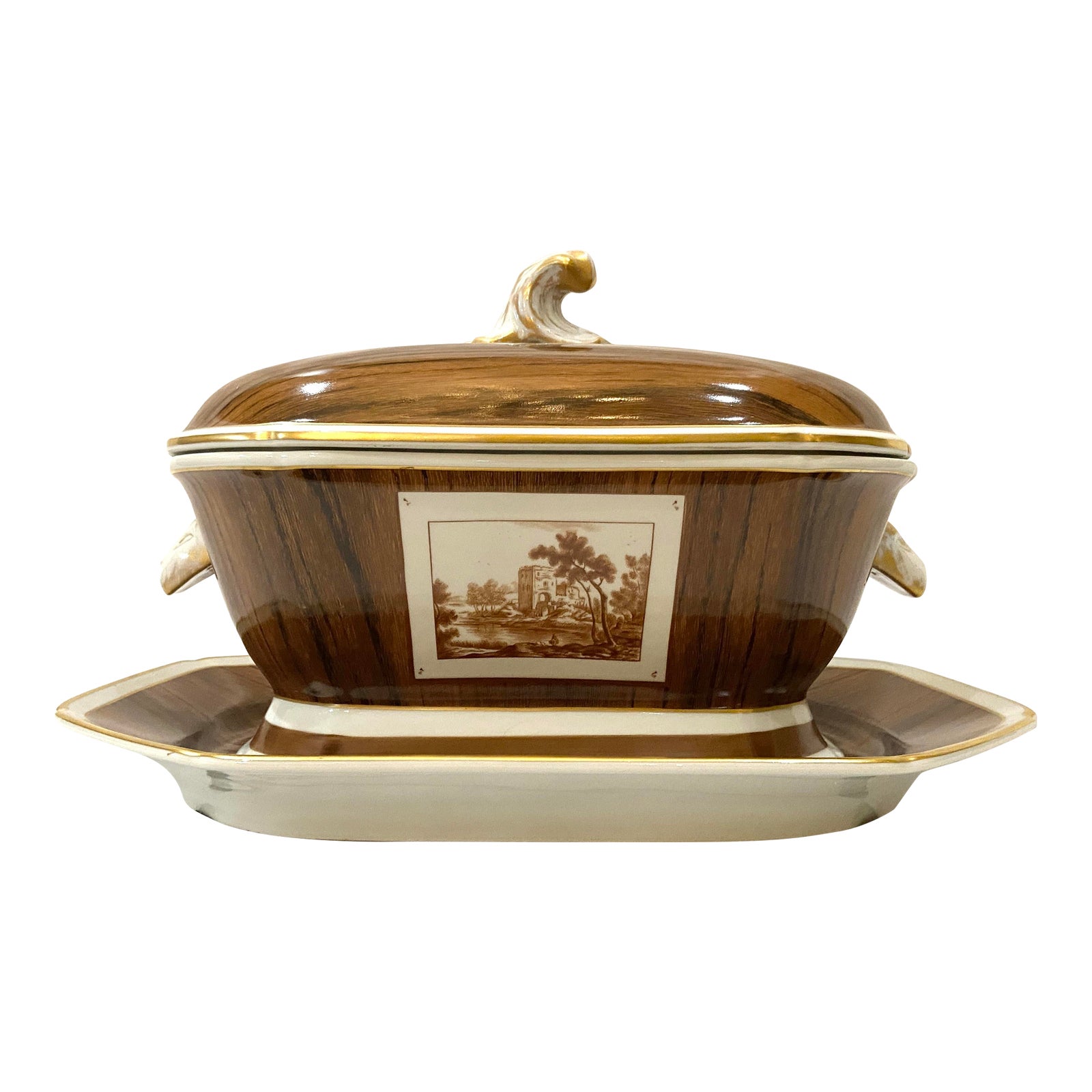 Mottahedeh Faux Bois Porcelain Soup Tureen and Underplate a Set