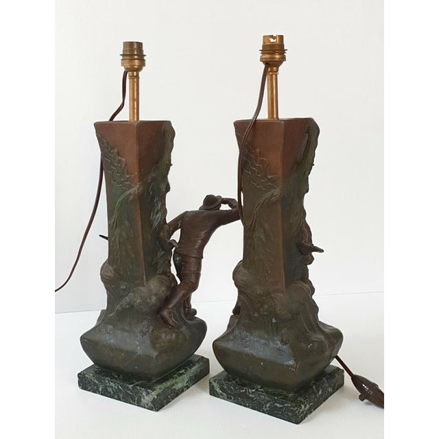 Art Deco Metal and Marble Fisherman's Lamps, 1940s, Set of 2 For Sale - Image 6 of 11