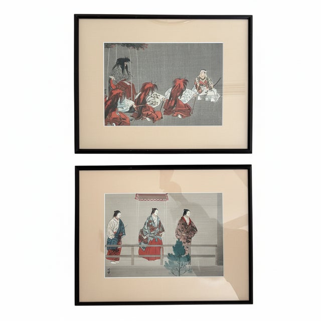 A gorgeous matched pair of original Japanese woodblock prints by Tsukioka Kōgyo, dating to 1927. The works depict...