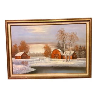 Original Oil Painting - Winter Farmland Barns - Raymond Original 1980s 90s Extra Large For Sale