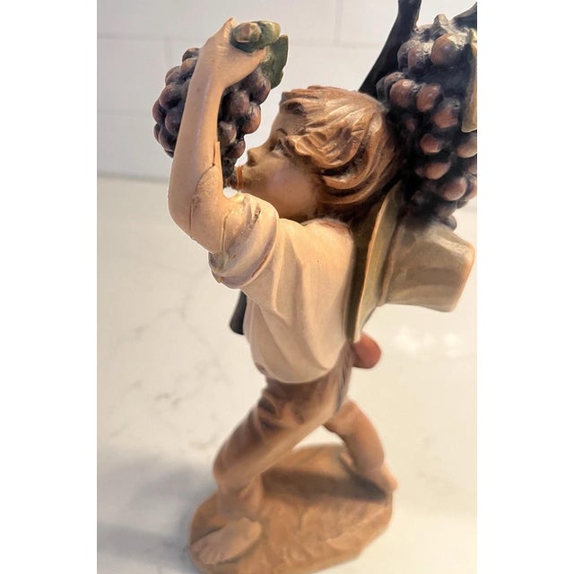 Vintage German Oberammergau Anri Wood Carving Figure 10” Tall. Boy Eating Grapes For Sale In Dallas - Image 6 of 9
