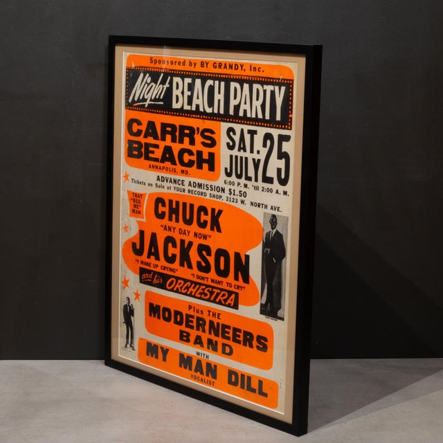 ABOUT A large cardboard window card advertising a "Night Beach Party" at historic Carr's Beach in Annapolis, MD on...