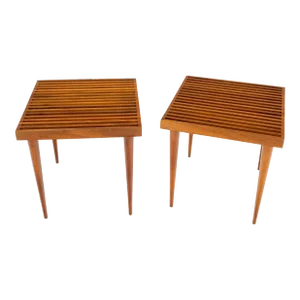 Square Mel Smilow Slatted Solid Walnut Modern Benches Side Tables - A Pair