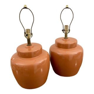 Large Vintage Pumpkin Orange Haeger Ginger Jar Lamps - A Pair For Sale