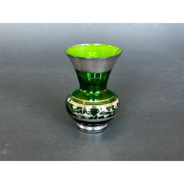 Vintage Green Glass Vase With Silver Overlay For Sale - Image 4 of 11