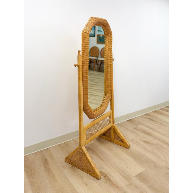 Mid 20th Century Vintage Coastal Hexagon Wicker Floor Mirror, Rattan Standing Full Length Mirror For Sale - Image 5 of 9