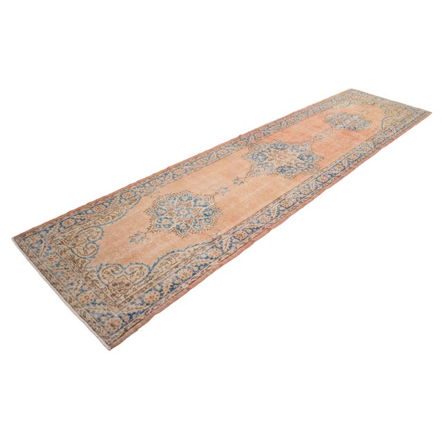 Peach Traditional Ottoman Design Distressed Oushak Runner Rug Faded Colors Low Pile - 3'2″ X 12'2″ For Sale - Image 8 of 13