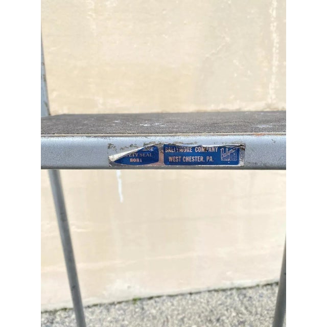 Silver Vintage Ballymore Warehouse Garage 4 Step Metal Rolling Safety Ladder With Rails For Sale - Image 8 of 10