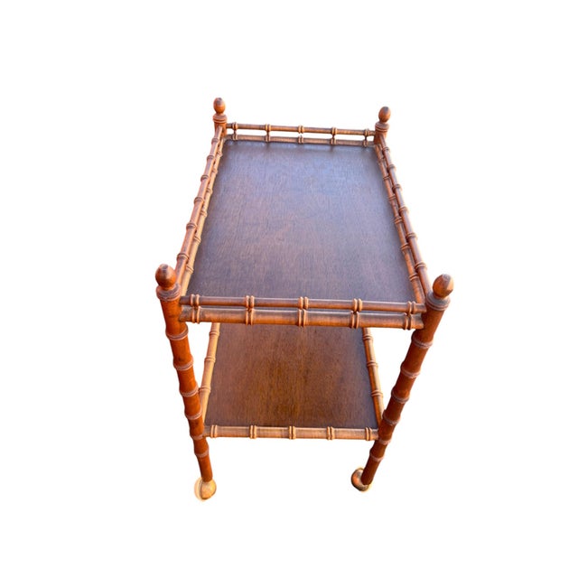 Brown Mid 20th Century Wood Faux Bamboo Serving Bar Cart For Sale - Image 8 of 11