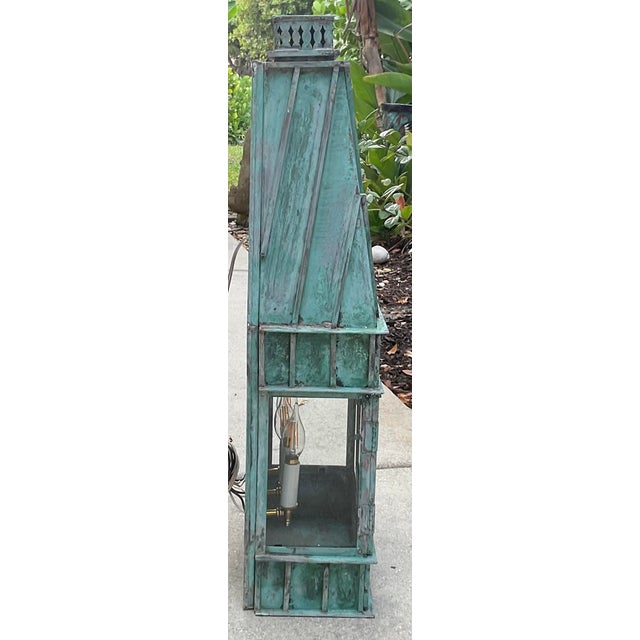 Art Deco Single Monumental Art Deco Style Verdigris Copper & Brass Wall Lantern For Sale - Image 3 of 14