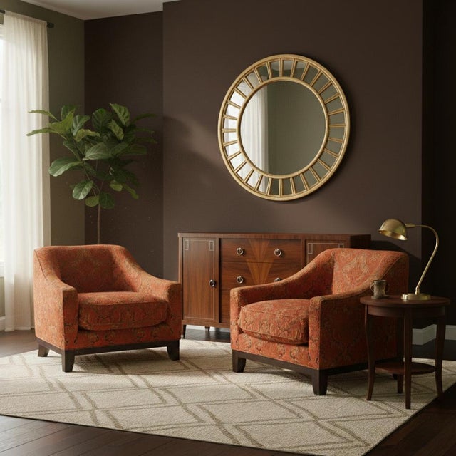 This is a pair of late 20th century large scale Art Deco style club chairs by Baker Furniture. The fabric is vintage and...