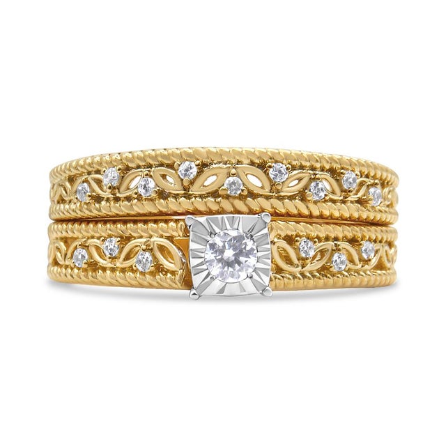 Early 21st Century 14K Yellow Gold Plated .925 Sterling Silver 1/5 Cttw Diamond Art Deco Style Engagement Ring Bridal Set (I-J Color, I3 Clarity) - Ring Size 9 For Sale - Image 5 of 7