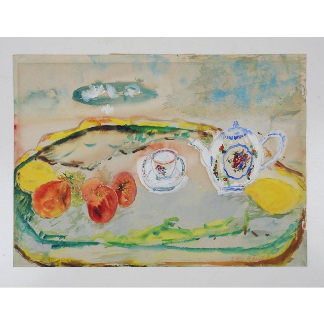 English Mid 20th Century Impressionist Still Life Teapot and Fruit Painting For Sale - Image 3 of 3