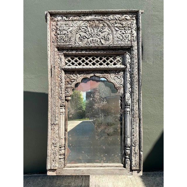 Mid-Century Modern Vintage Carved Wood Distressed Arch Mirror For Sale - Image 3 of 12