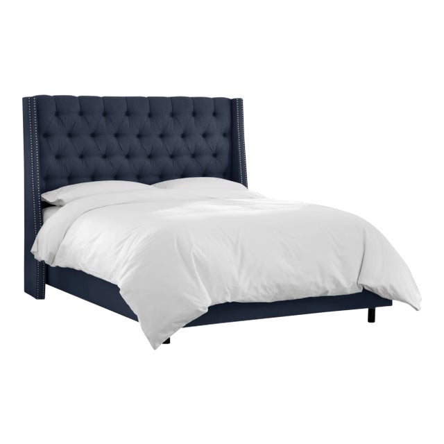 Ivy Tufted Wingback Bed in Navy Classic Linen, Full For Sale