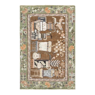 Brown Modern Samarkand Handmade Pictorial Motif Wool Rug For Sale