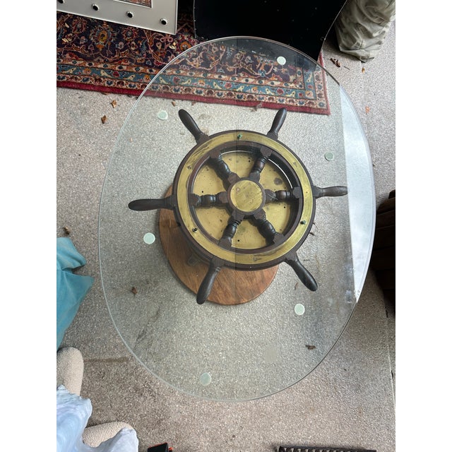 Nautical Antique Brass Ship Wheel For Sale - Image 3 of 3