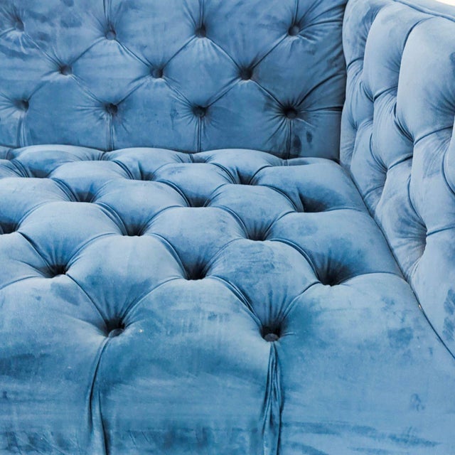 2000 - 2009 Blue Velvet Tufted 3-Seat Sofa With Gold Legs For Sale - Image 5 of 5