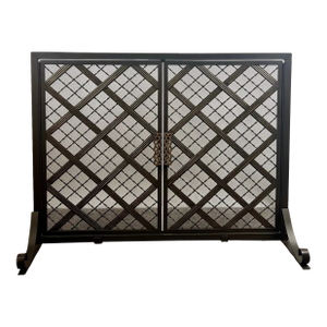 Art Deco Style Black & Bronzed Metal Two-Door & Diamond Design Fireplace Screen