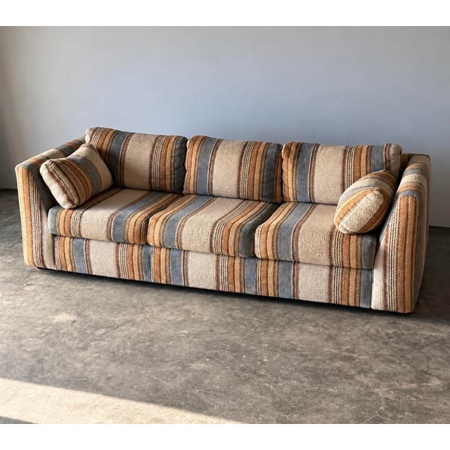 Wood 1970s Vintage Striped Woven Upholstery Three-Seat Sofa For Sale - Image 7 of 16