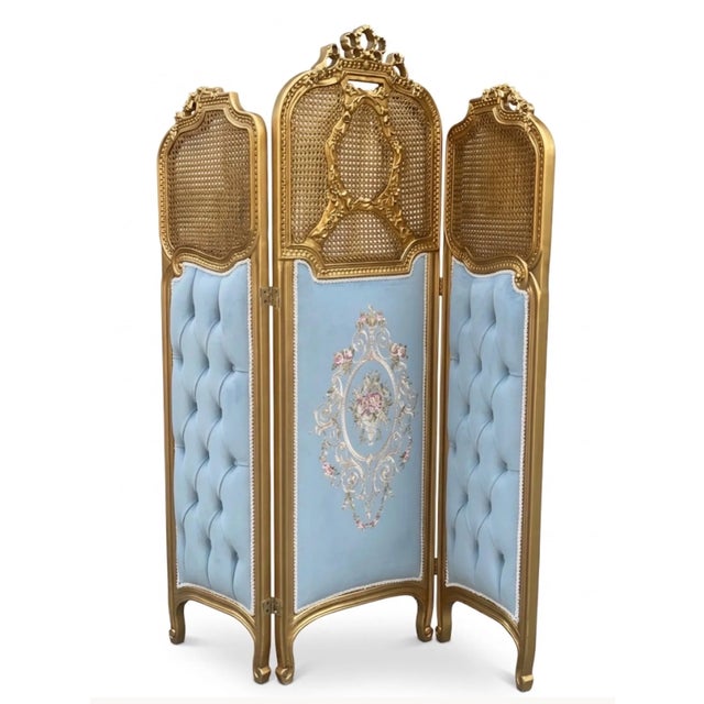 Fine Louis XV style gilt wood three fold screen with three panels real solid wood upholstered in blue beautiful floral...