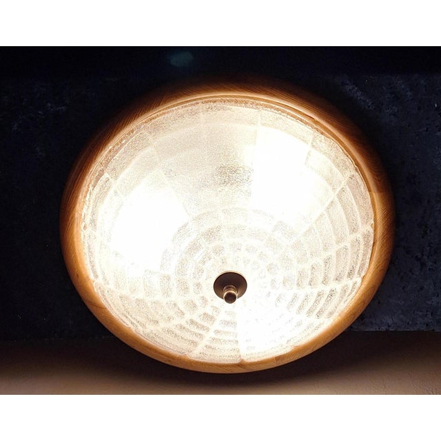 Flat Vintage Ceiling Lamp with Curved Ice Glass Shade on Ash Wood Mount with Brass Bracket, 1990s For Sale - Image 6 of 7